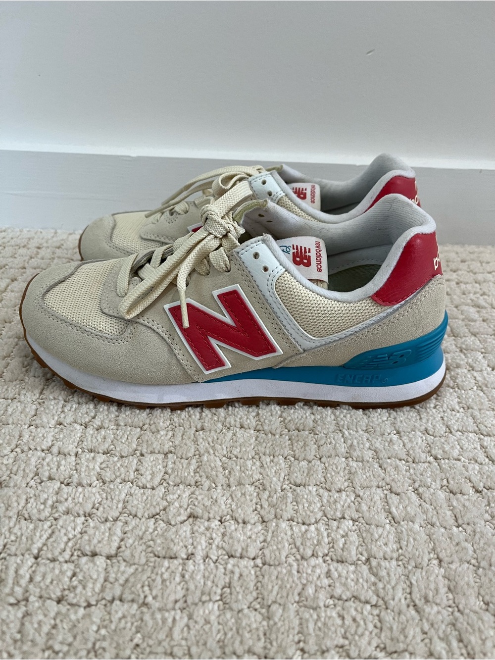 New Balance Cream Sneakers with Red and Blue Accents-size 6 1/2